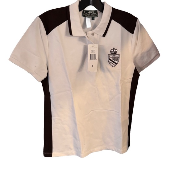 Lauren Ralph Lauren Active Polo Shirt White W/Dark Brown Logo And Trim Sz S NWT - Picture 1 of 13